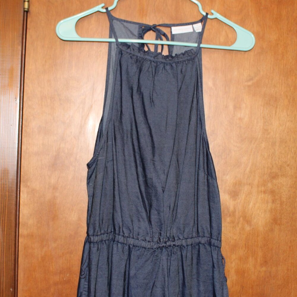 NY & Co Navy Tiered Maxi Dress Sleeveless Boho Halter Style Tie Back Size M